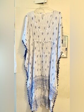 Marabelle Blue & White Boho Kaftan Cover Up Tassel Trim S